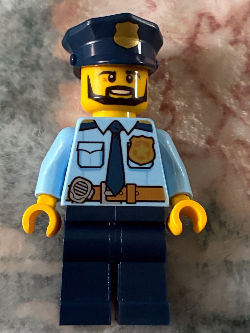 Lego Police Minifigure - Light Blue Torso, Dark Blue Hat & Pants, Yellow Head